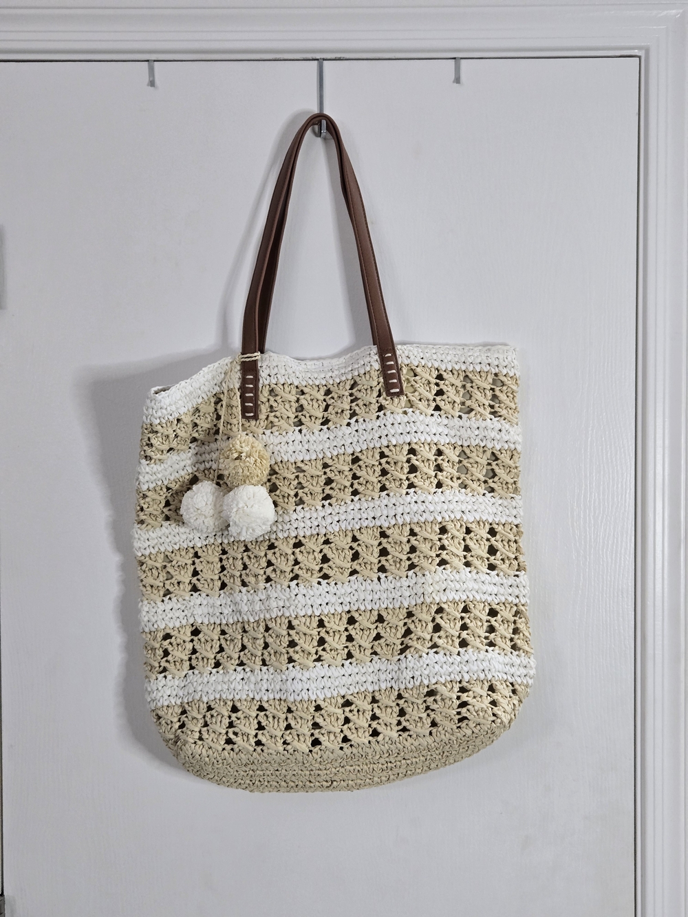 Nordstrom Beige & White Crochet Stripe Tote with Brown Straps
